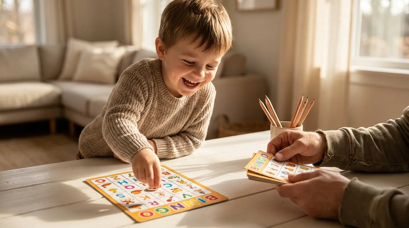 A happy child playing alphabet bingo at a table with letter cards