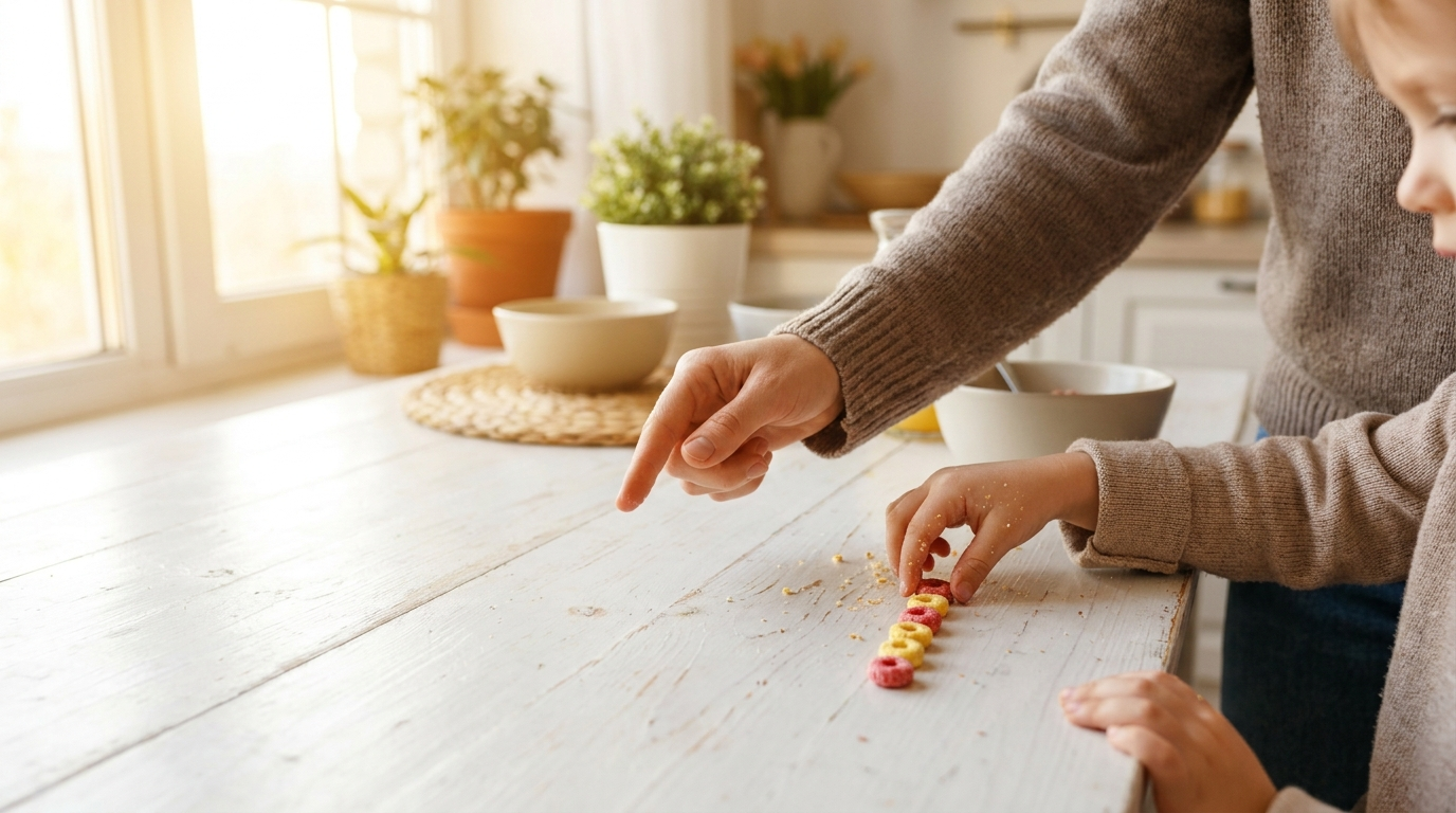A preschooler's hands arranging colorful cereal loops into a repeating color pattern on a kitchen table