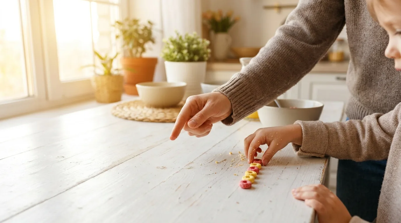 A preschooler's hands arranging colorful cereal loops into a repeating color pattern on a kitchen table