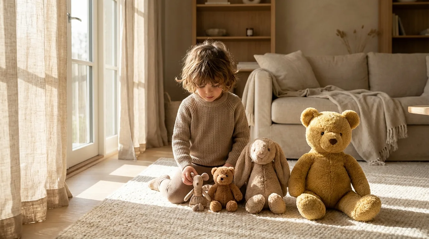 A young child arranging stuffed animals in a line from smallest to largest on a living room rug