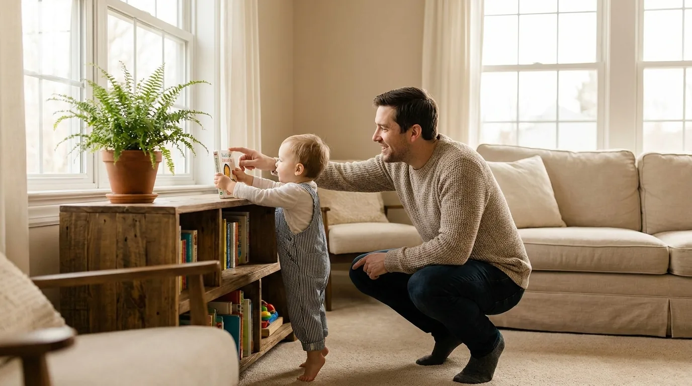 A father encouraging his toddler to place a picture book on top of a low bookshelf