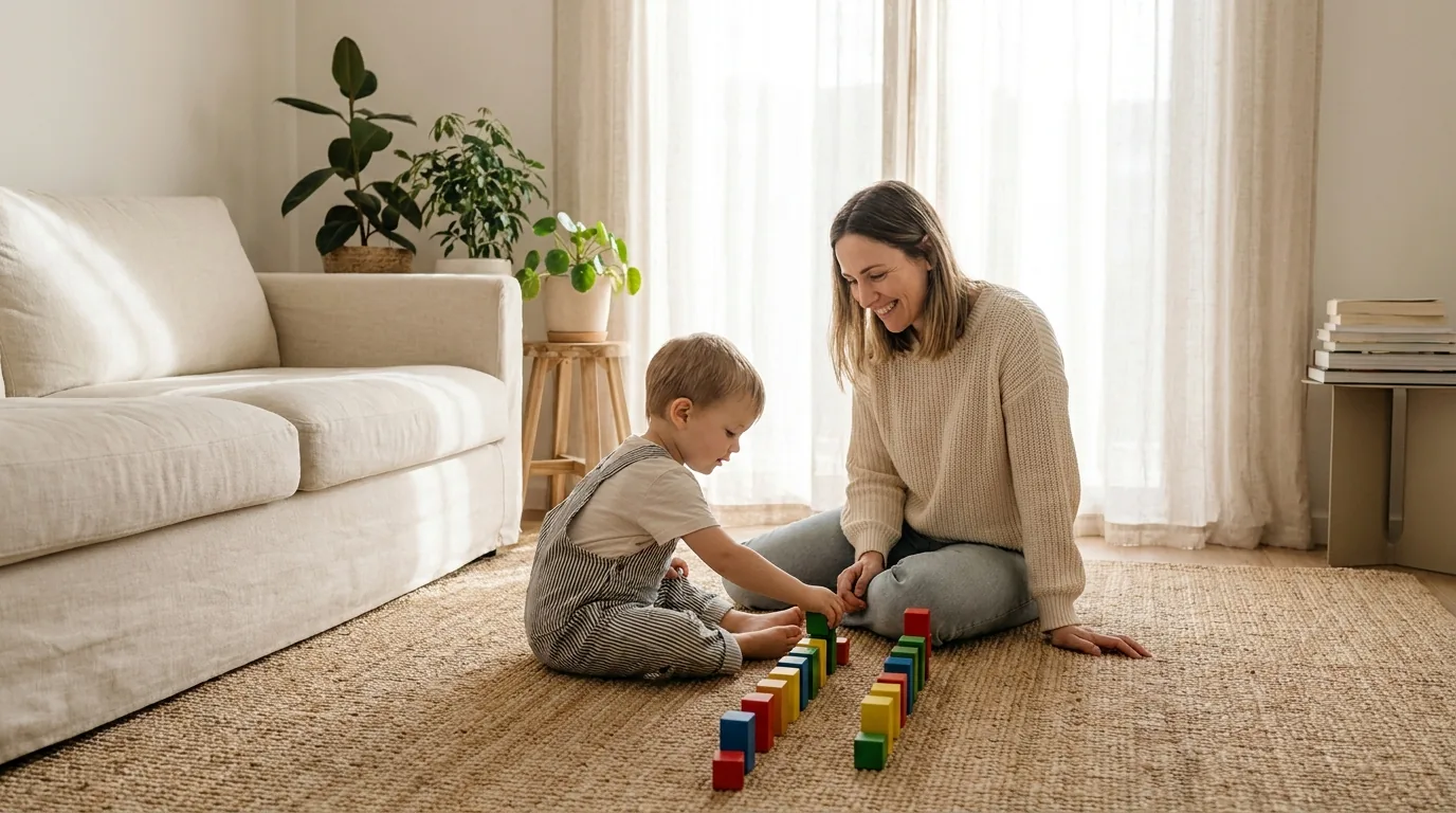 A mother and young child sorting colorful wooden blocks into rows by color on a living room rug