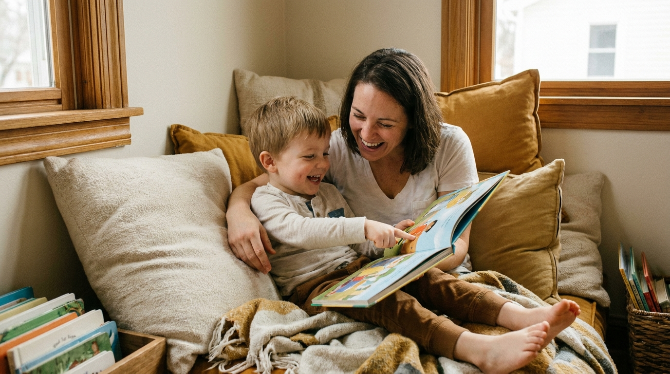 A parent and preschooler reading a picture book together, the child pointing at the page