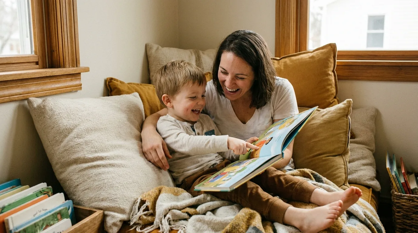 A parent and preschooler reading a picture book together, the child pointing at the page