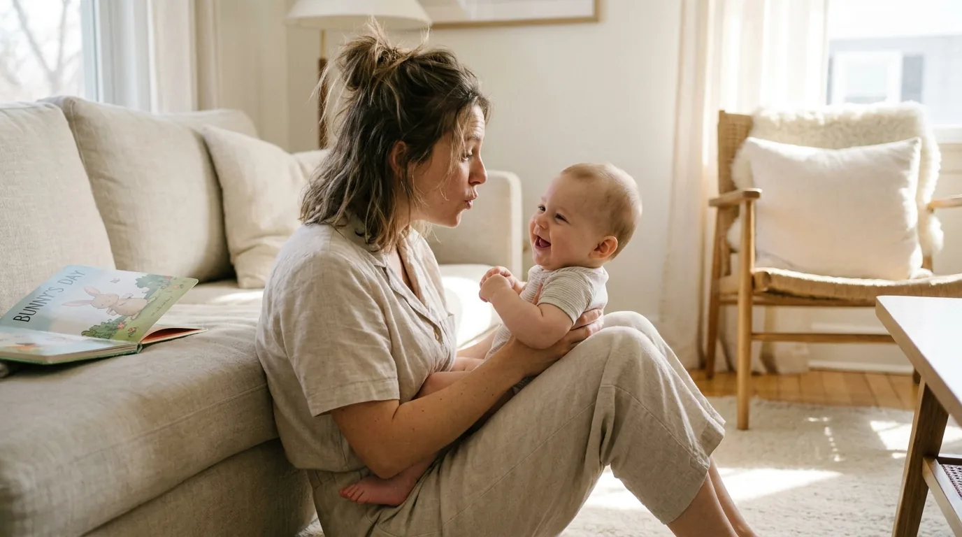 A mother talking and making eye contact with her smiling baby