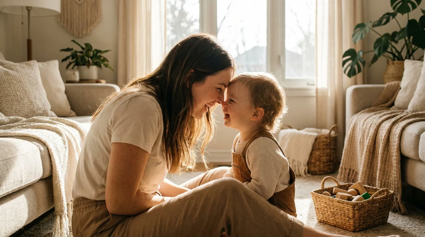 A mother laughing face-to-face with her happy toddler